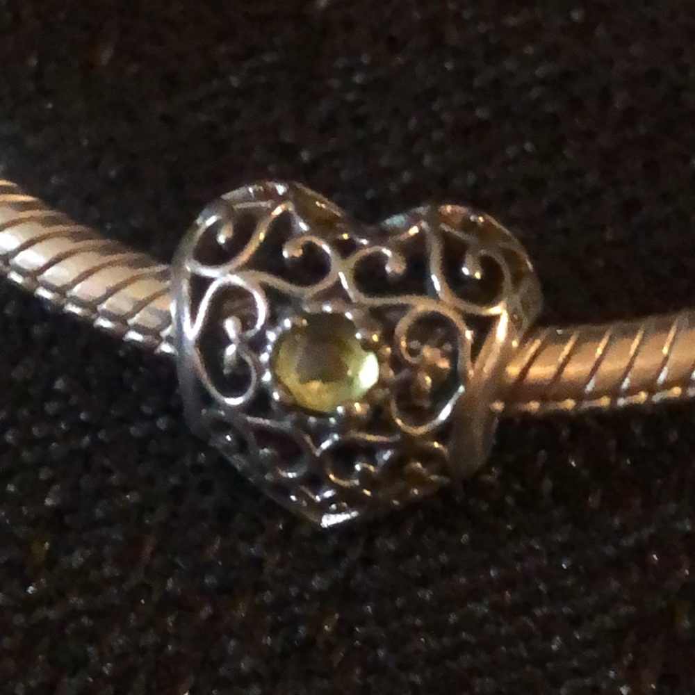 Pandora sterling heart clasp bracelet with 3 charms; green peridot birthday 7” - Picture 3 of 9